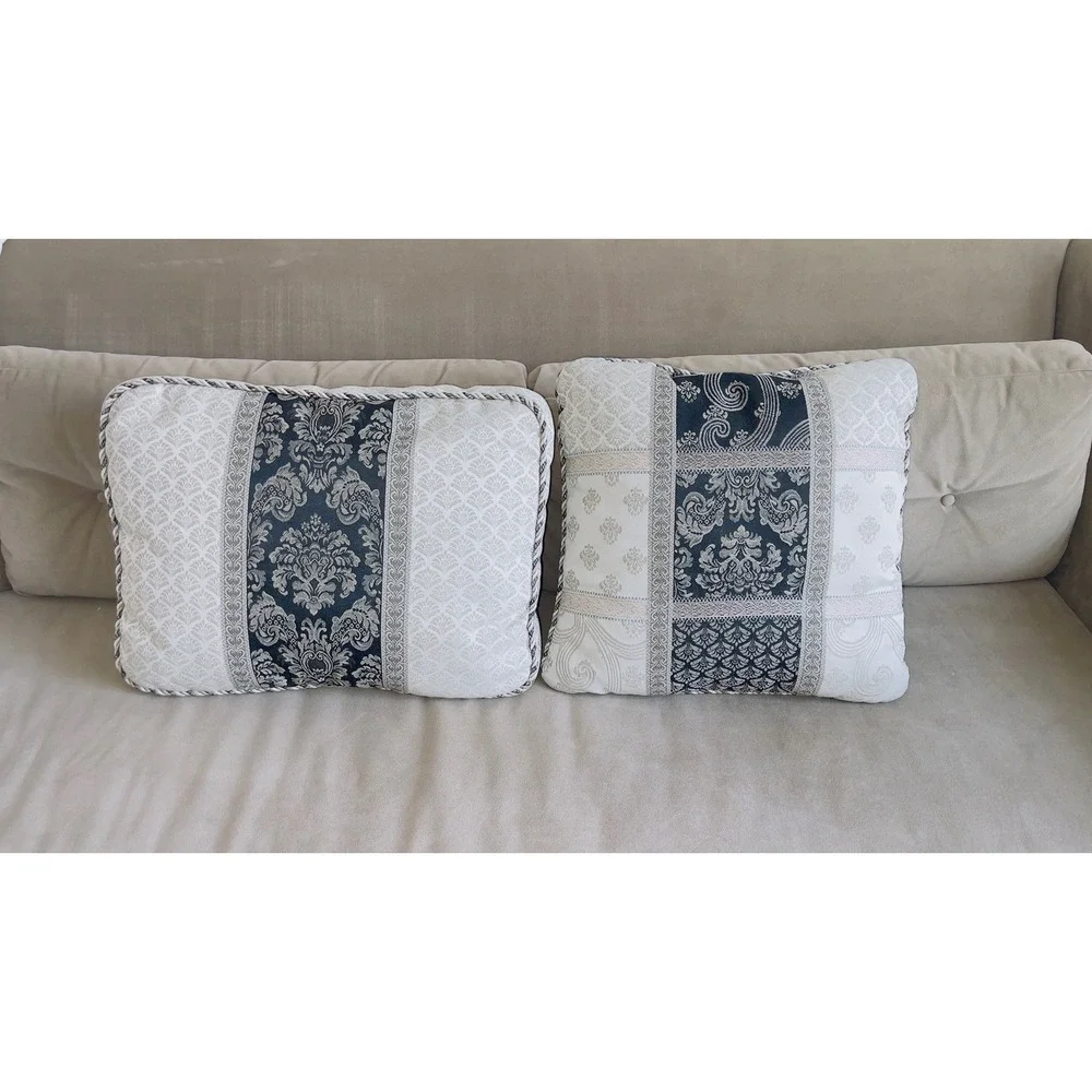 Croscill Home Set of 2 Decorative Throw Pillows Blk Cream Damask Jacquard Trim